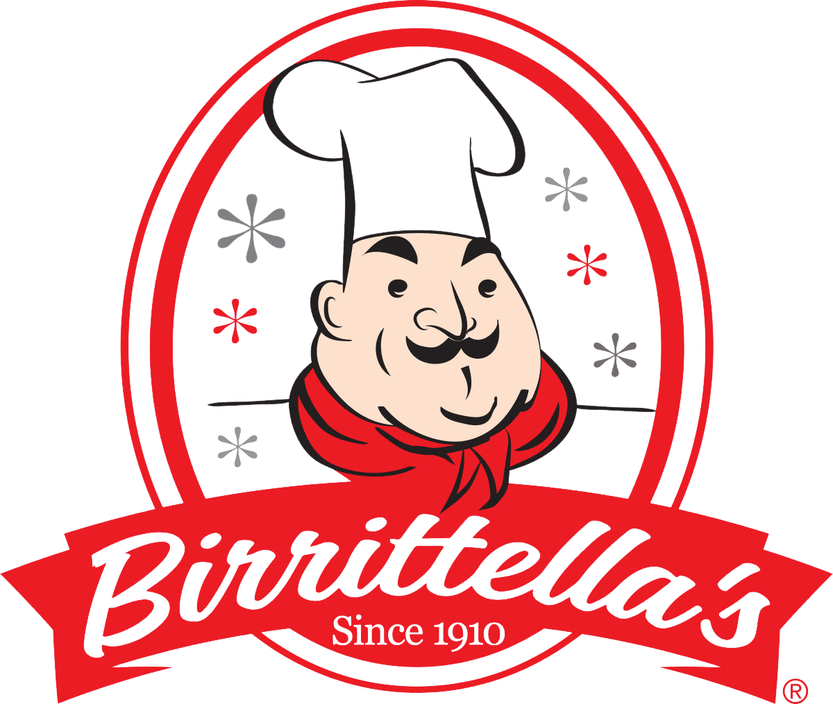 Illustration of a smiling chef with a white hat and red scarf in an oval frame above the text “Birrittella’s Since 1910” on a red ribbon.