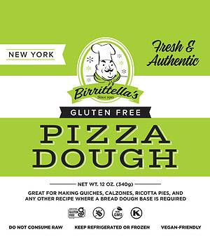 Birrittellas Gluten-Free Pizza Dough green and white package with nutrition facts, ingredients, and preparation instructions.
