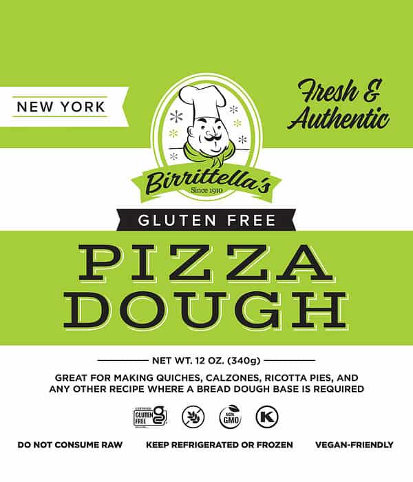 Birrittellas Gluten-Free Pizza Dough green and white package with nutrition facts, ingredients, and preparation instructions.