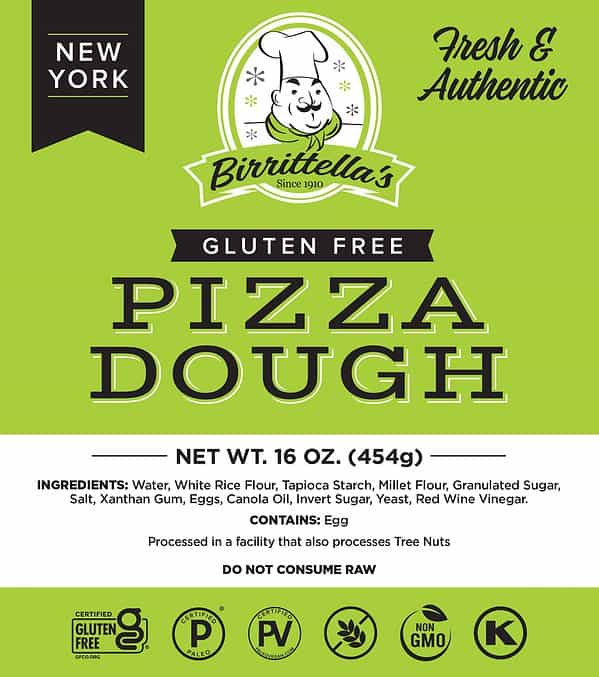 A label for a gluten free pizza dough.