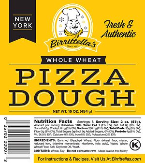 A label for whole wheat pizza dough with a yellow background.