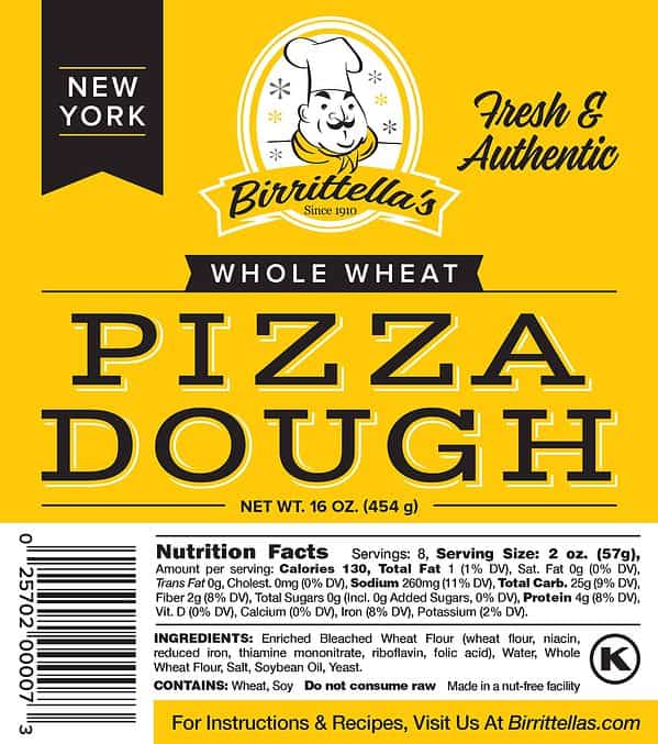A label for whole wheat pizza dough with a yellow background.