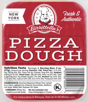 Product label for birrittella's pizza dough featuring nutrition facts, logo with a chef hat, and a "new york, since 1910" banner on a red background.
