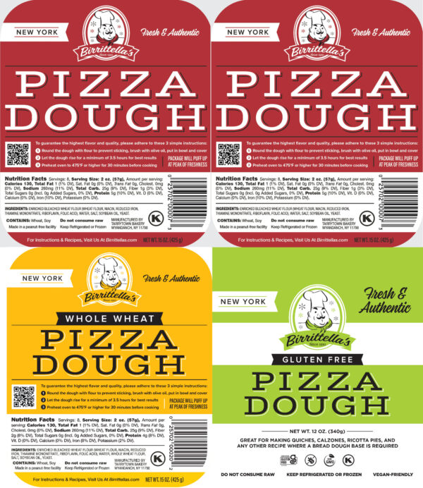 The display features four pizza dough packages: two traditional, one whole wheat, and one gluten-free. Each package includes a logo, nutritional facts, and preparation instructions.