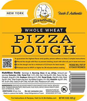 Birrittellas Whole Wheat Pizza Dough yellow and white package with nutrition facts, ingredients, and preparation instructions.
