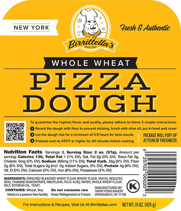 Birrittellas Whole Wheat Pizza Dough yellow and white package with nutrition facts, ingredients, and preparation instructions.