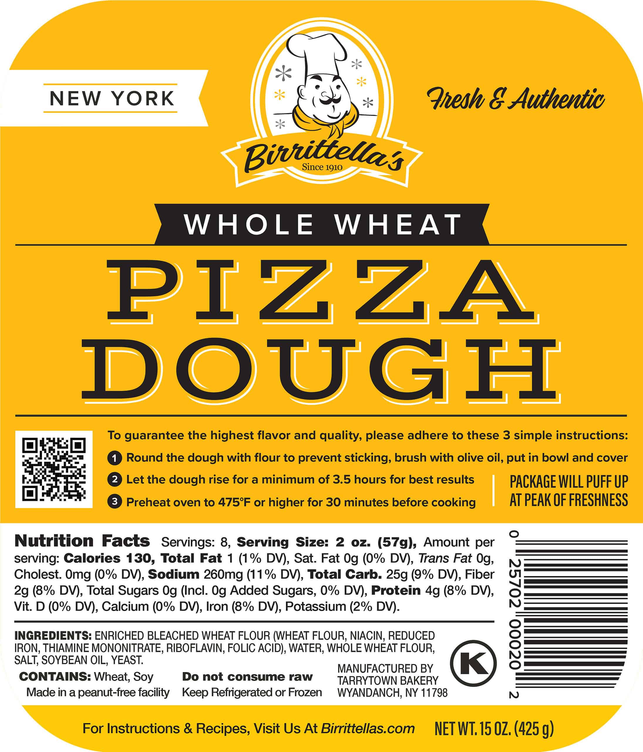 Birrittellas Whole Wheat Pizza Dough yellow and white package with nutrition facts, ingredients, and preparation instructions.