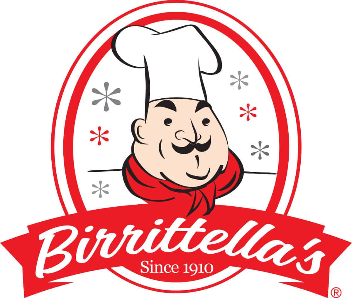 Logo featuring a smiling chef with a mustache and white hat inside a red oval, with "Birrittella’s Since 1910" written below in a red ribbon banner.