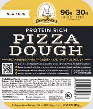 Birrittella’s protein rich pizza dough package highlights 96g protein, 30g fiber, plant-based pea protein, real NY-style dough, nutrition facts, and baking instructions.