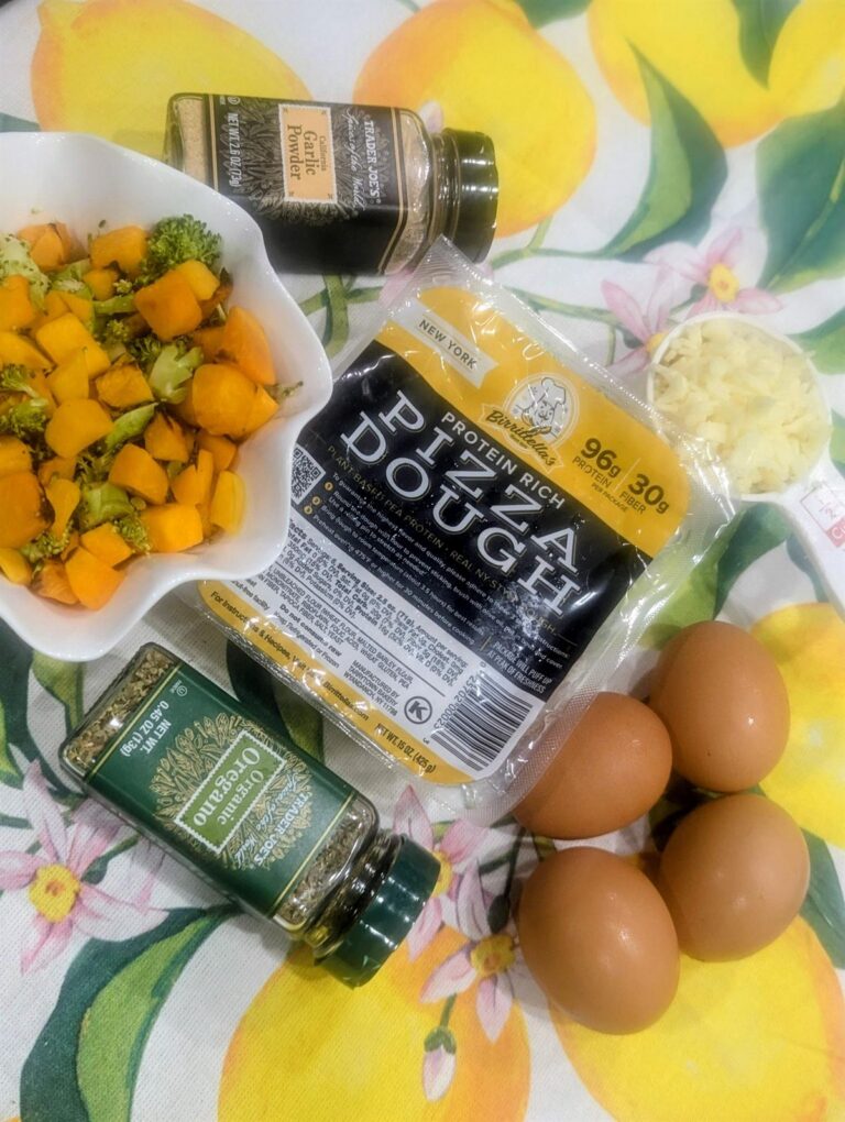 Ingredients for high protein breakfast cups: Birrittella's protein rich pizza dough, roasted butternut squash and broccoli, eggs, shredded cheese, garlic powder and oregano.